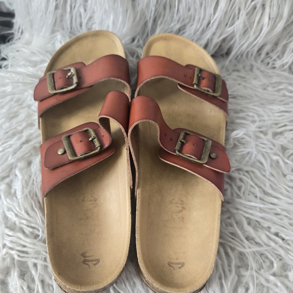 Mad Love Brown Leather Double Buckle Sandals - Picture 3 of 8